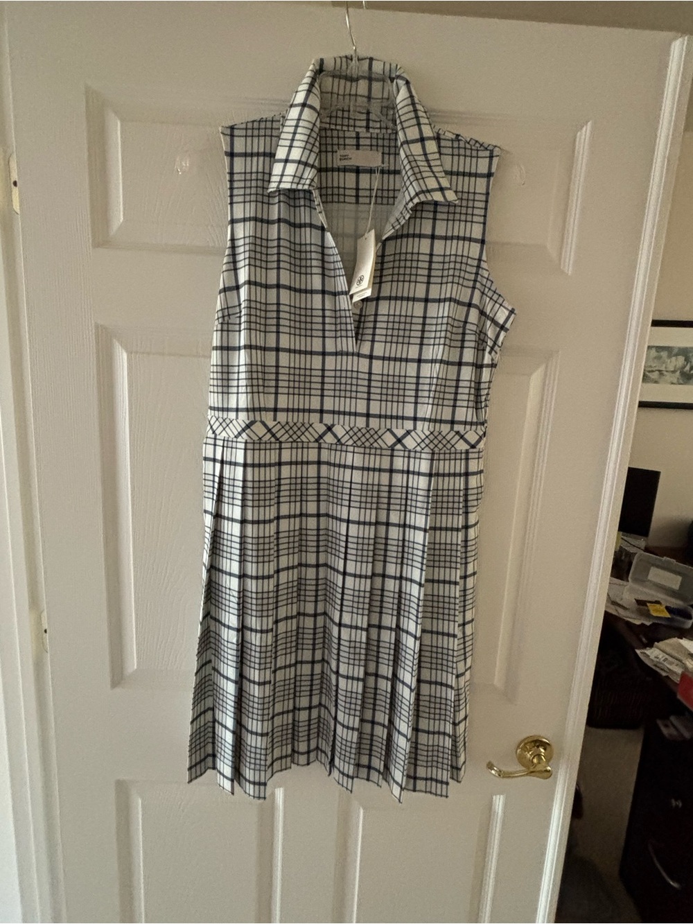 Tory Burch White and Navy Sleeveless Collared Plaid Midi Dress